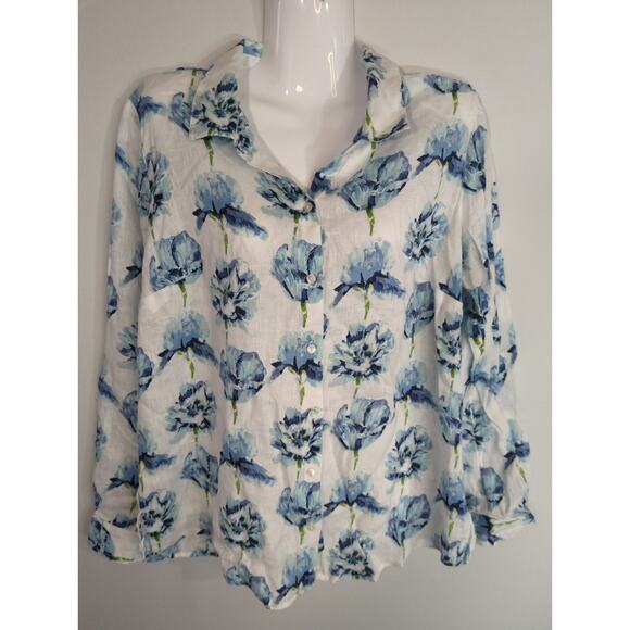 Charter Club White & Blue Floral Linen Button Lightweight Shirt Large Coastal - Picture 1 of 11